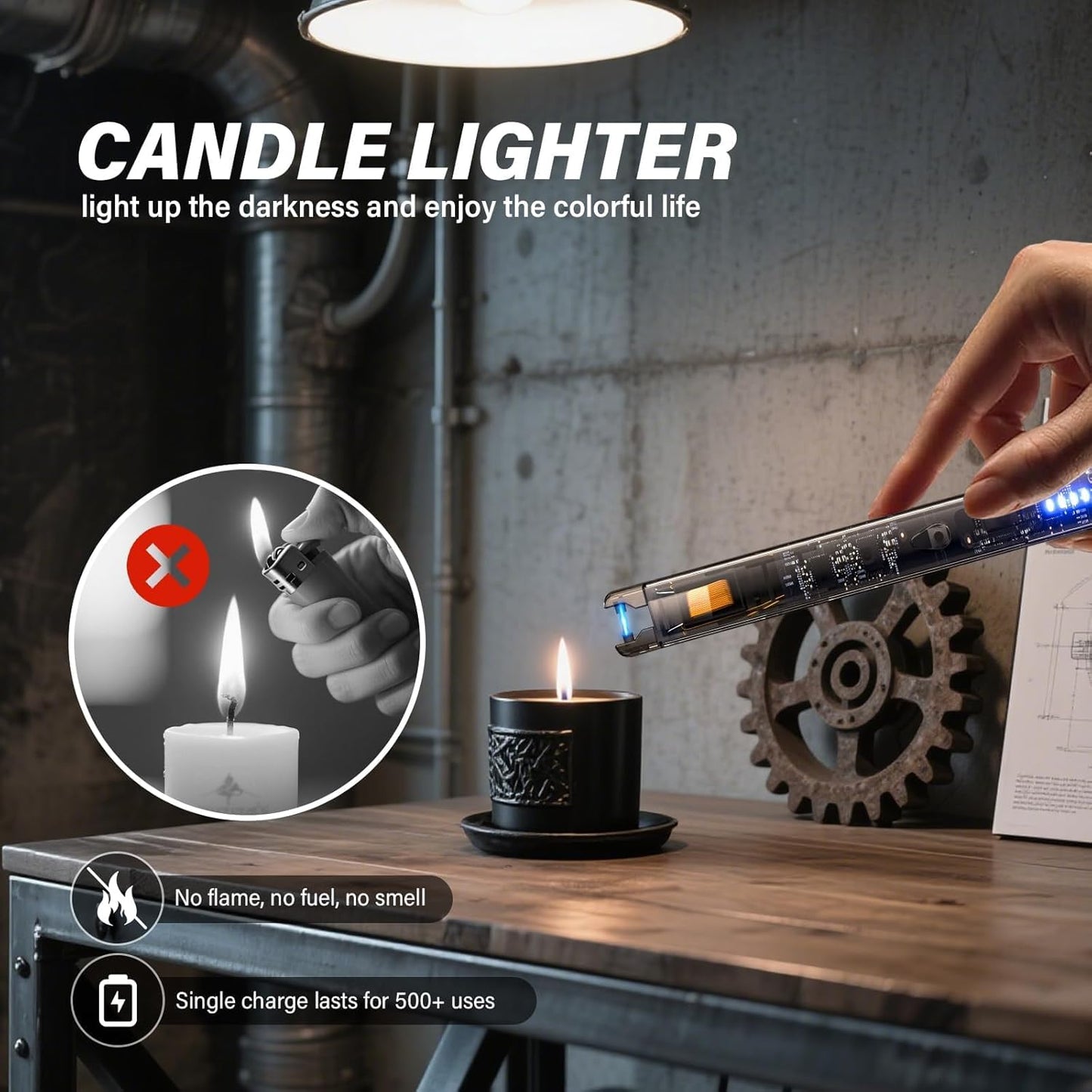 2 Pack Electric Candle Lighters - 7.4 inch Long USB Rechargeable Plasma Arc Lighter with Safety Lock, Windproof & Flameless Lighter for Scented Candles, Grill, Camping - See-Through Tech Design