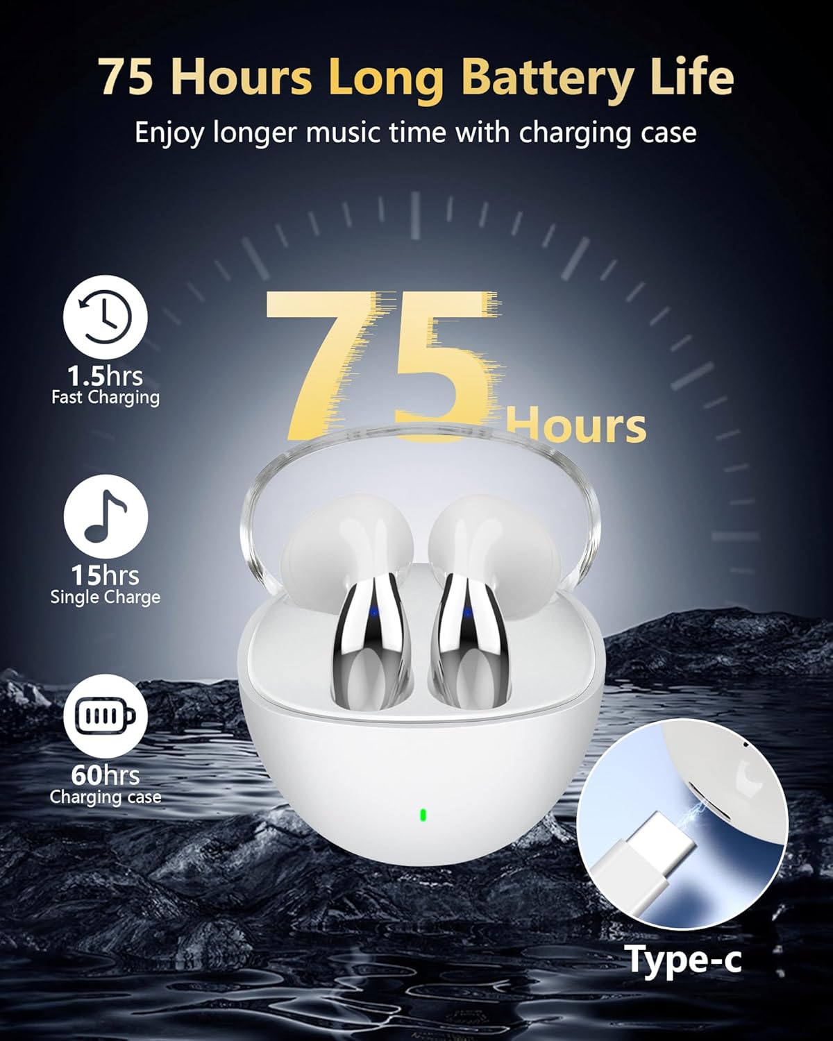 Wireless Earbuds, 5.3 Headphones 40Hrs Playtime with Charging Case, Waterproof Stereo in-Ear Earphones with Microphone for iPhone Android Cell Phone Sports Workout, White