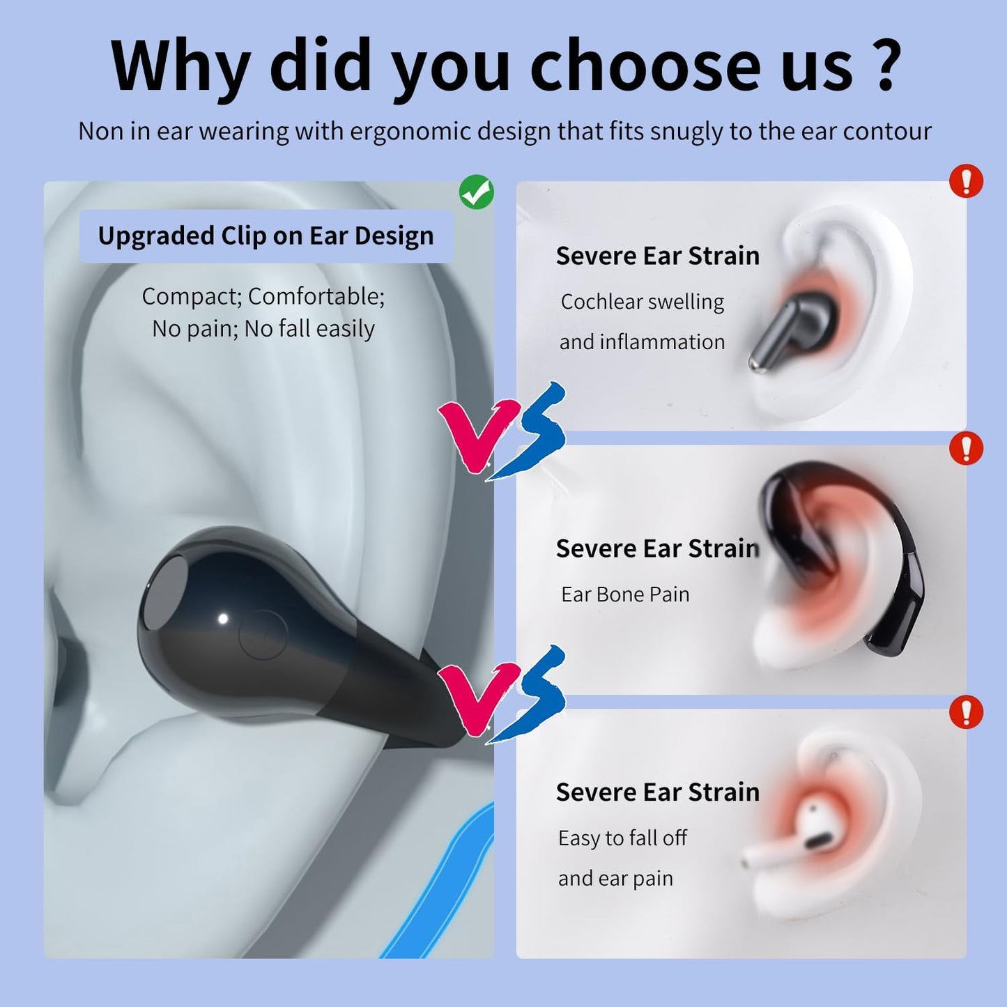 Open Ear Headphones Wireless Bluetooth 5.3 Clip On Earbuds with Digital Display Charging Case Button Control Bone Conduction Mini Sport Earphones Built-in Mic IPX7 Waterproof for Running Fitness Black