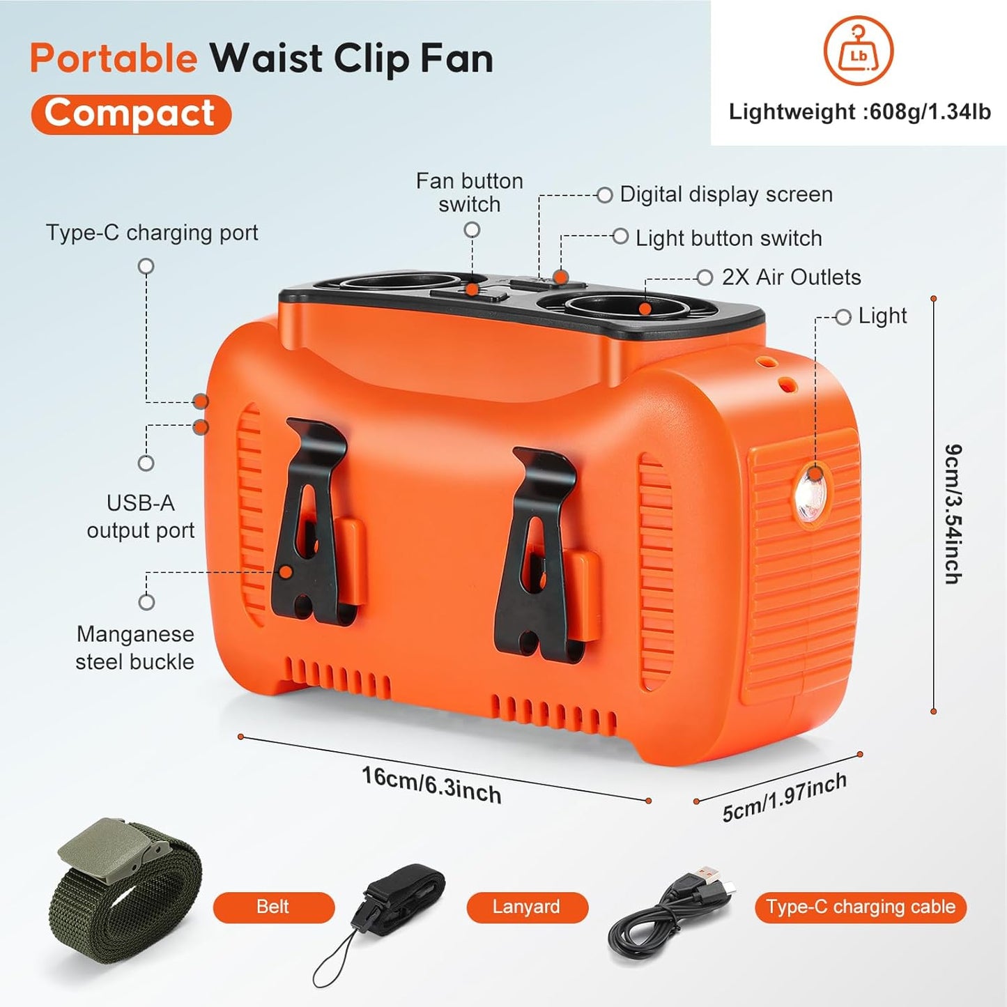 16000mAh Portable Waist Fan- Rechargeable Battery Personal Fan Clip on Wearable Belt With 5 Speeds,LED Digital Display and Flashlight Neck Fan Hands-Free 25H Cooling For Outdoor Travel Camping-Orange