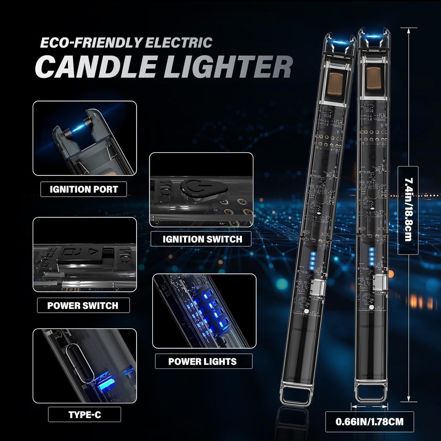 2 Pack Electric Candle Lighters - 7.4 inch Long USB Rechargeable Plasma Arc Lighter with Safety Lock, Windproof & Flameless Lighter for Scented Candles, Grill, Camping - See-Through Tech Design