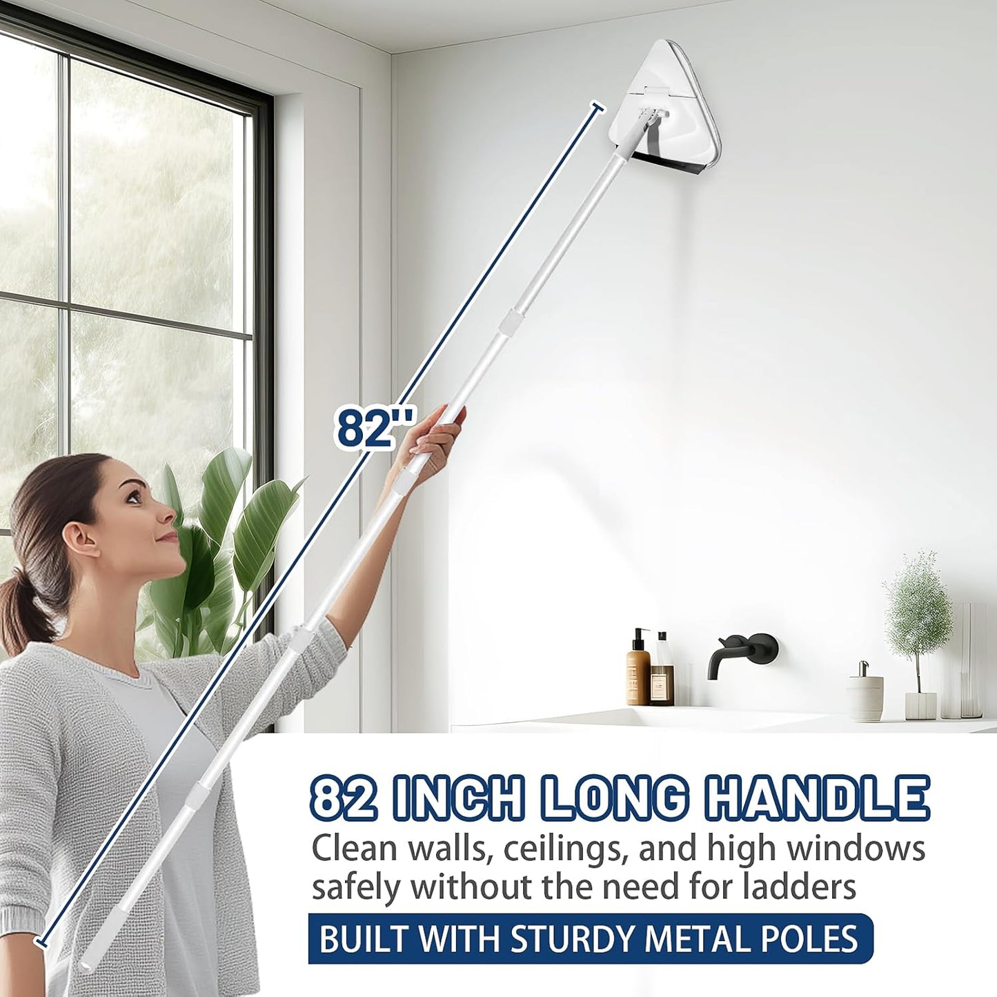 Wall Cleaner Mop with 82" Long Handle, 180° Foldable Base & 6 Replacement Pads - Perfect for Cleaning Painted Walls, Ceilings, Windows & Floors - Baseboard Cleaning Tool with Squeegee