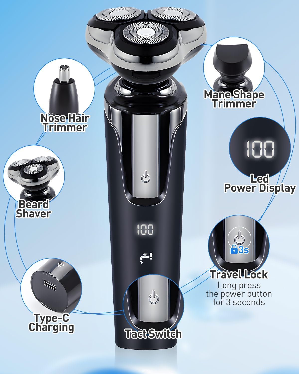 Head Shavers for Bald Men, Electric Detachable Head Shaver for Male, Waterproof Wet Dry Body Bald Head Shaver, Rechargable Rotary Shavers/Razor for Husband Father