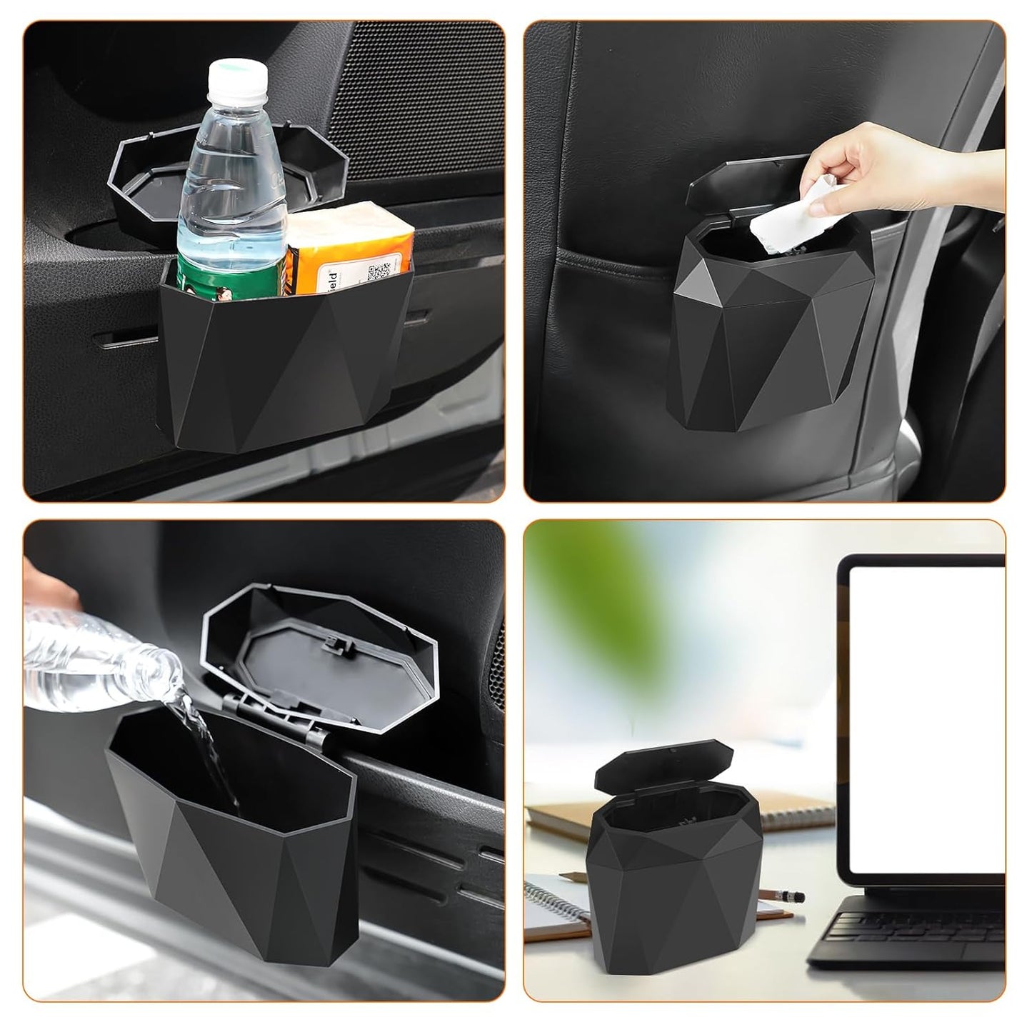 Mini Car Trash Can Bin with Lid, Small Car Garbage Can with 60pcs Trash Bags, ABS Diamond Design Dustbin Car Organizer Container Car Accessories for Car/Office/Home Black