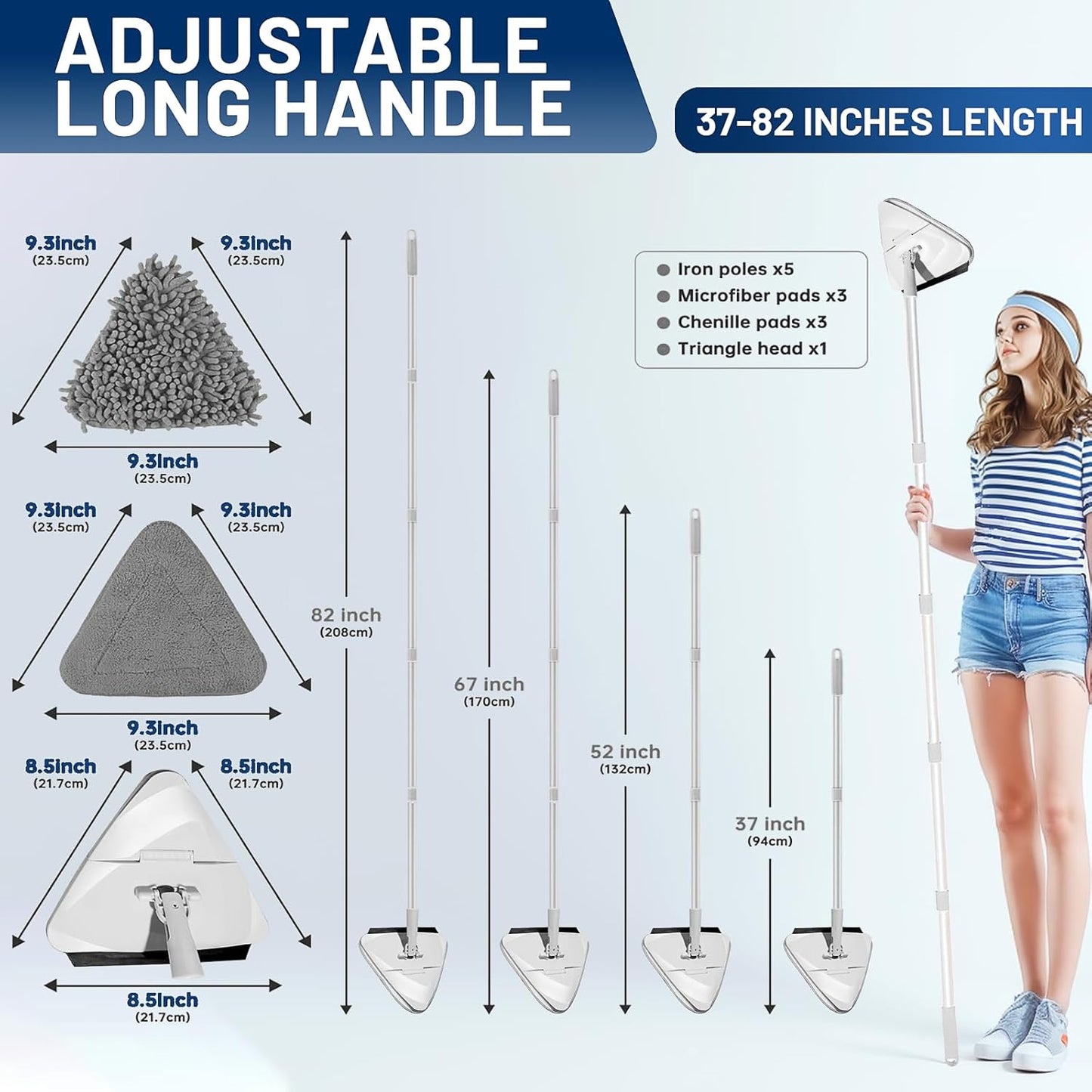 Wall Cleaner Mop with 82" Long Handle, 180° Foldable Base & 6 Replacement Pads - Perfect for Cleaning Painted Walls, Ceilings, Windows & Floors - Baseboard Cleaning Tool with Squeegee