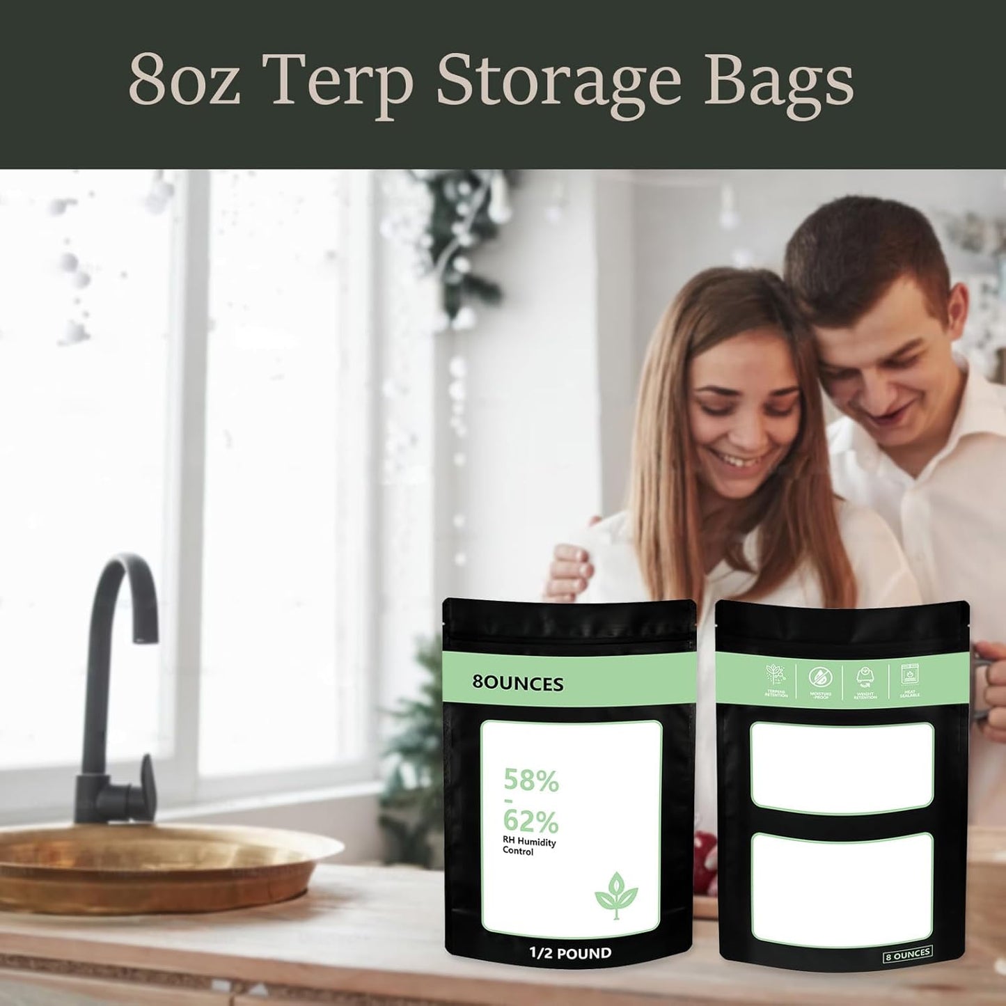 10 Pack Reusable Green Plastic Terp Bags, 8oz (1/2 LB), Double-Tracked Zip Closure, Heat Sealable, 58%-62% RH, Resealable Food Storage Bags (10 Pcs)