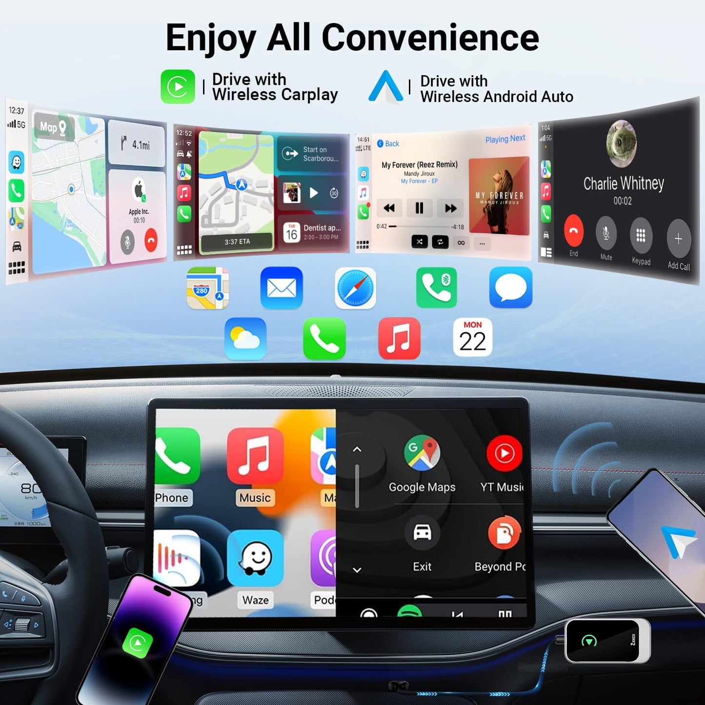 Wireless Carplay Adapter, Converts Factory Wired CarPlay to Wireless CarPlay, Plug and Play 2-in-1 for Apple and Android No Delay