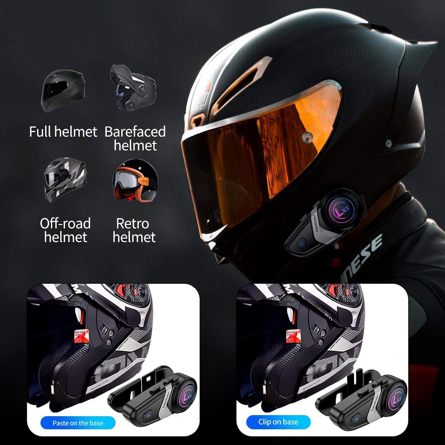 Motorcycle Bluetooth Headset LX3 Motorcycle Helmet Bluetooth Intercom for 2 Riders 800M with CVC Noise Reduction Stereo Music IPX6 Waterproof Full Face Helmet (1 Piece)