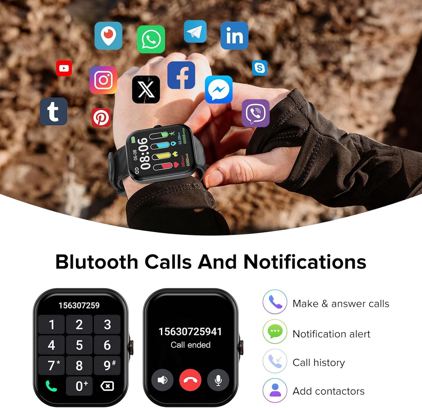 Smart Watch for Men Women (Answer/Make Call), 1.91" HD Screen Fitness Tracker with 110+ Sport Modes,IP68 Waterproof,Heart Rate/Sleep Monitor/Spo2/Pedometer,iOS Android Compatible