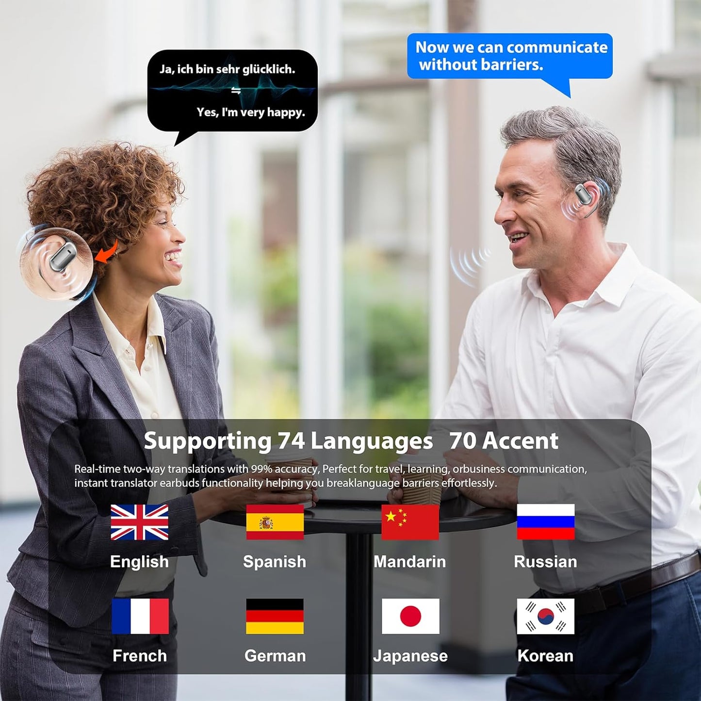 AI Language Translator Earbuds Translation Earbuds Real Time 144 Languages Open-Ear Bluetooth Device with 8 Accent Offline
