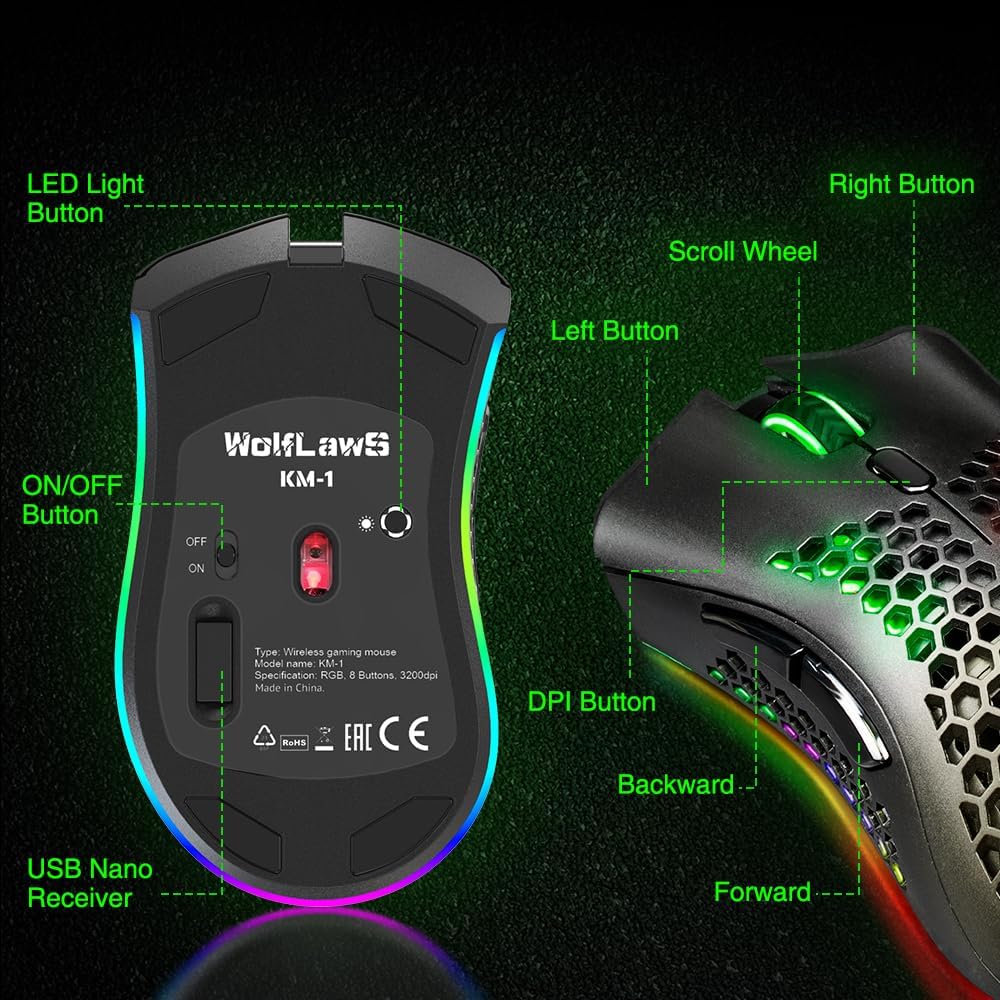 KM-1 Gaming Mouse, Wireless Mouse Gaming Computer Mice USB with Honeycomb Shell, 6 Programmed Buttons, 3 Adjustable DPI, Ergonomic RGB Optical Mouse for PC Mac Laptop