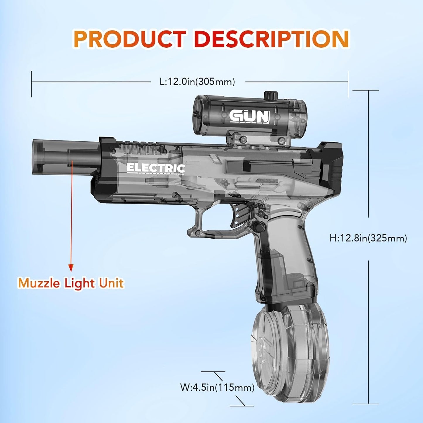 Electric Water Gun with Muzzle Light,Automatic Water Gun Blaster,Squirt Gun Range 23-32 FT,Outdoor Party Summer Water Shooting Game Toy with 2 Batteries,Ideal Watergun Easter Gift for Kids & Youths.