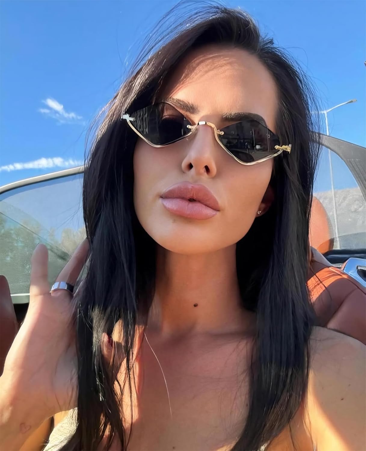 TYA Retro Y2k Sunglasses for Women Men,Trendy Semi-Rimless Sun Glasses Irregular Narrow Gold Sunnies UV400
