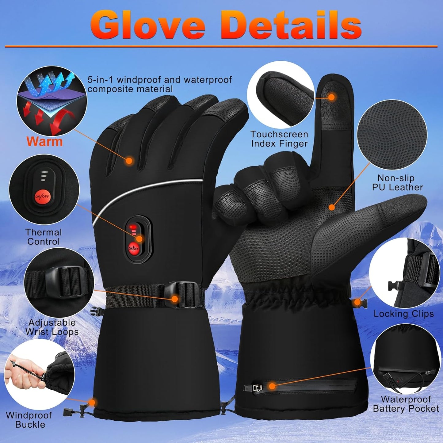Heated Gloves for Men Women,Electric Heated Gloves Camping Hand Warmers Winter Warm Touchscreen Gloves - Battery Powered Waterproof Gloves Windproof Gloves for Outdoor Cycling Skiing Hiking Working