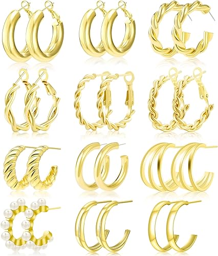 Gold hoops Earrings for Women Gold Earrings Set Twisted Huggie Hoops Earring 14K Plated Gold Jewelry for Girls Gift Lightweight 12 Pairs Ear Cuffs Gold Jewelry Gold Earrings Hoops Pack