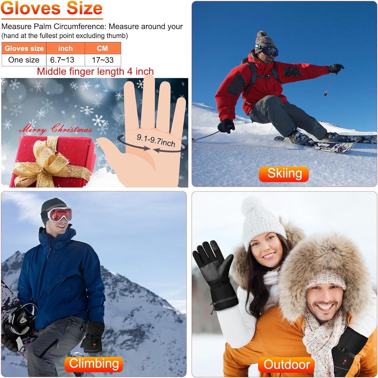 Heated Gloves for Men Women,Electric Heated Gloves Camping Hand Warmers Winter Warm Touchscreen Gloves - Battery Powered Waterproof Gloves Windproof Gloves for Outdoor Cycling Skiing Hiking Working