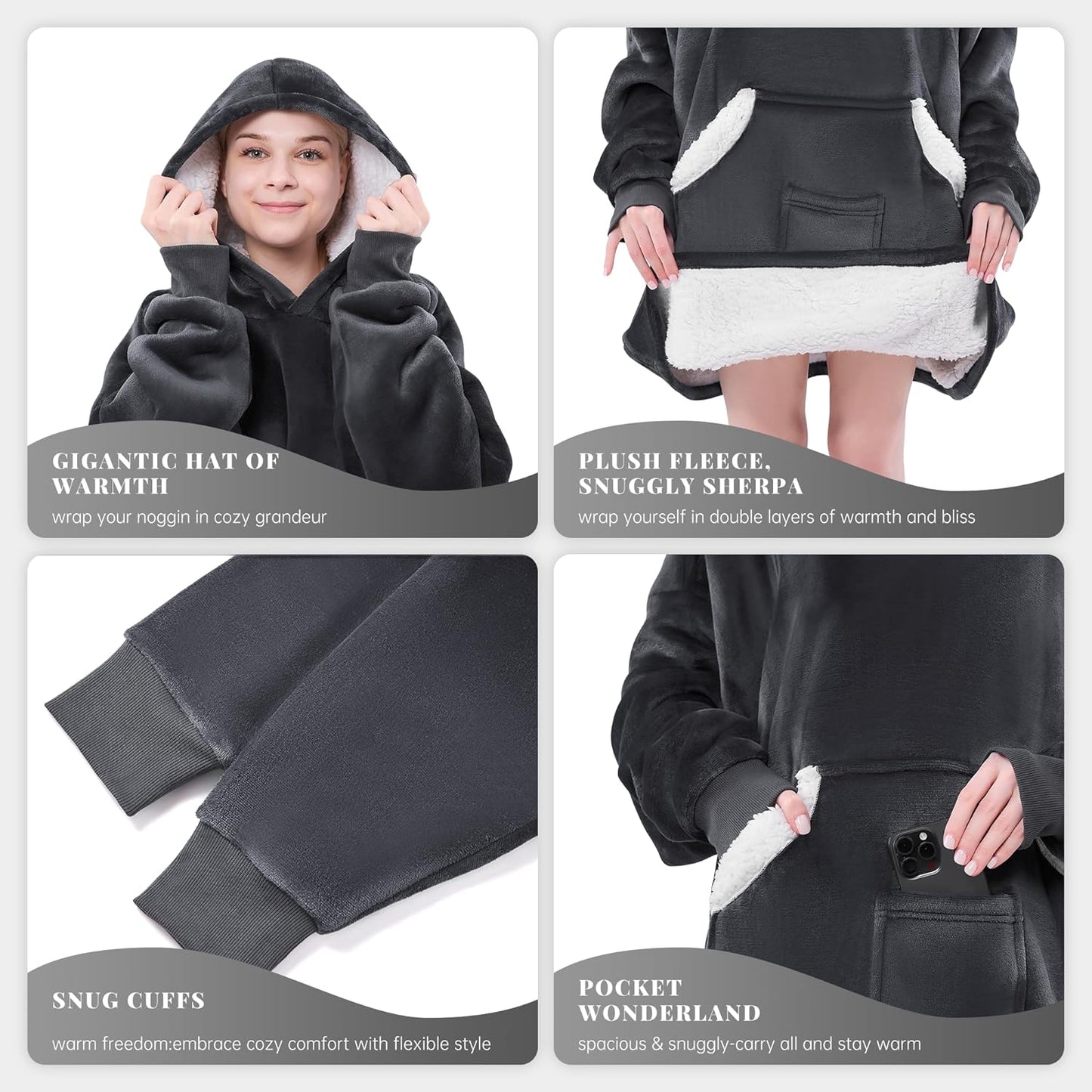 Wearable Blanket Hoodie for Adult Women Men, Sherpa Flannel Fleece Sweatshirt Hooded Blanket, Oversized Blanket Hoodie with Pockets and Sleeves Winter Gifts (Standard, Dark Grey)
