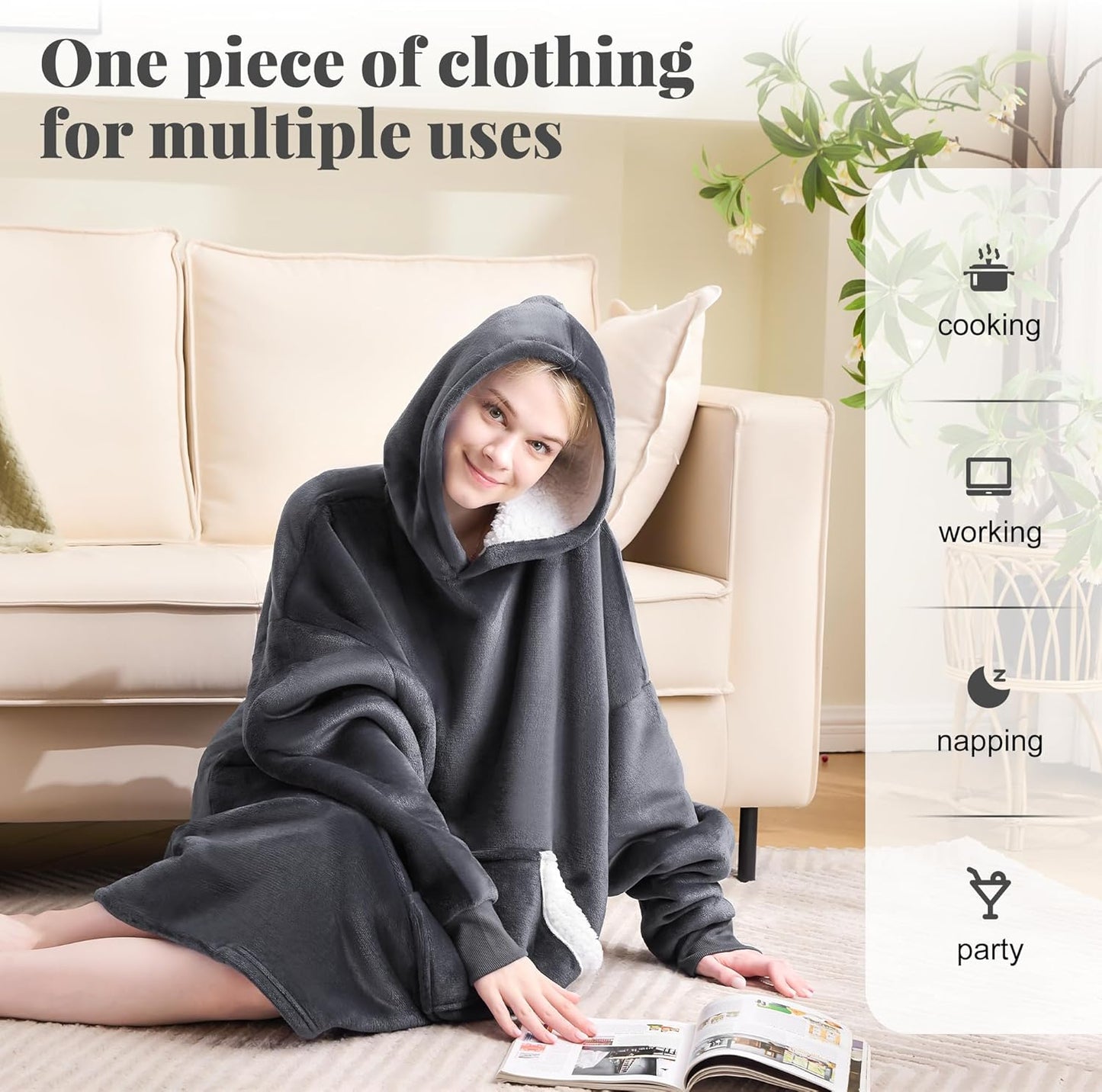 Wearable Blanket Hoodie for Adult Women Men, Sherpa Flannel Fleece Sweatshirt Hooded Blanket, Oversized Blanket Hoodie with Pockets and Sleeves Winter Gifts (Standard, Dark Grey)