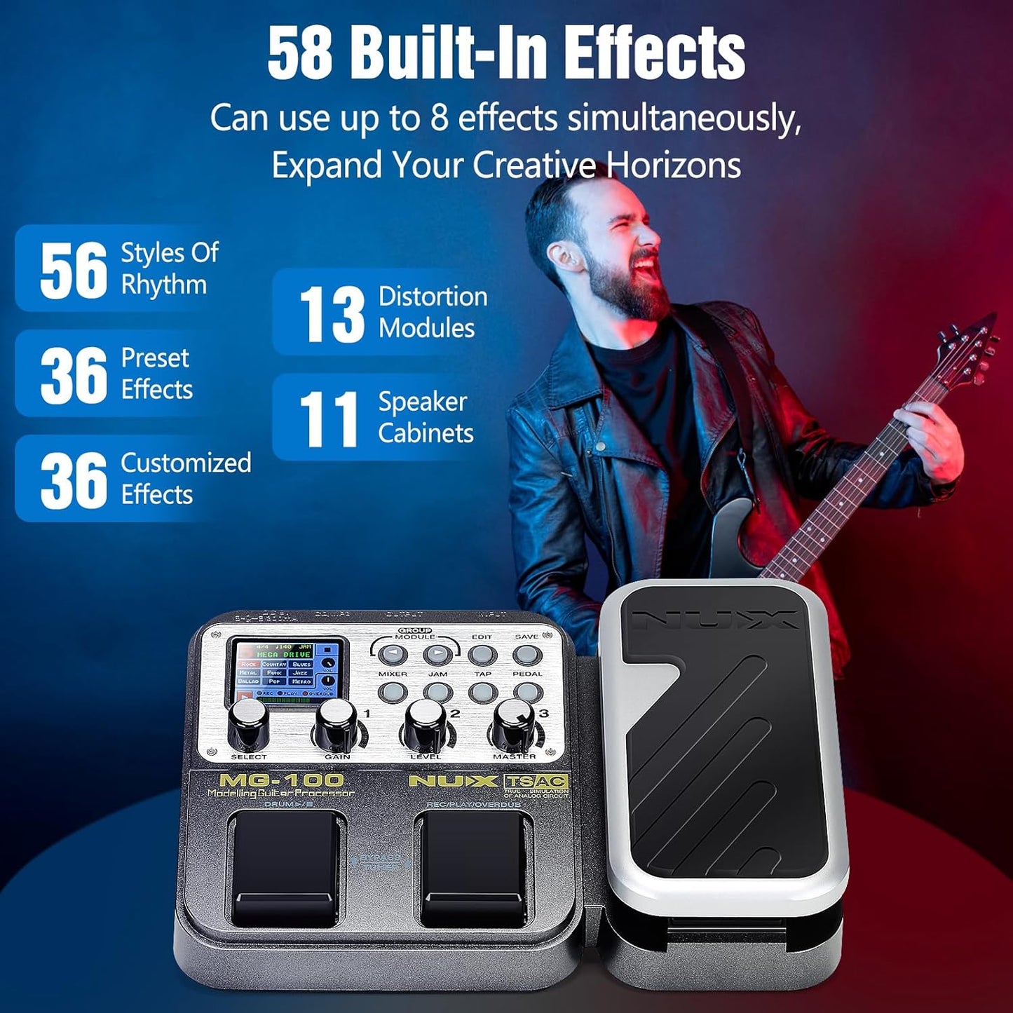 MG-100 Professional Multi-Effects Pedal Processor Musical Instrument Parts 40s Record 55 Effect Mode 10 Sound Di Box Electric Guitar and Bass Loop Amplifier Tube Pedal