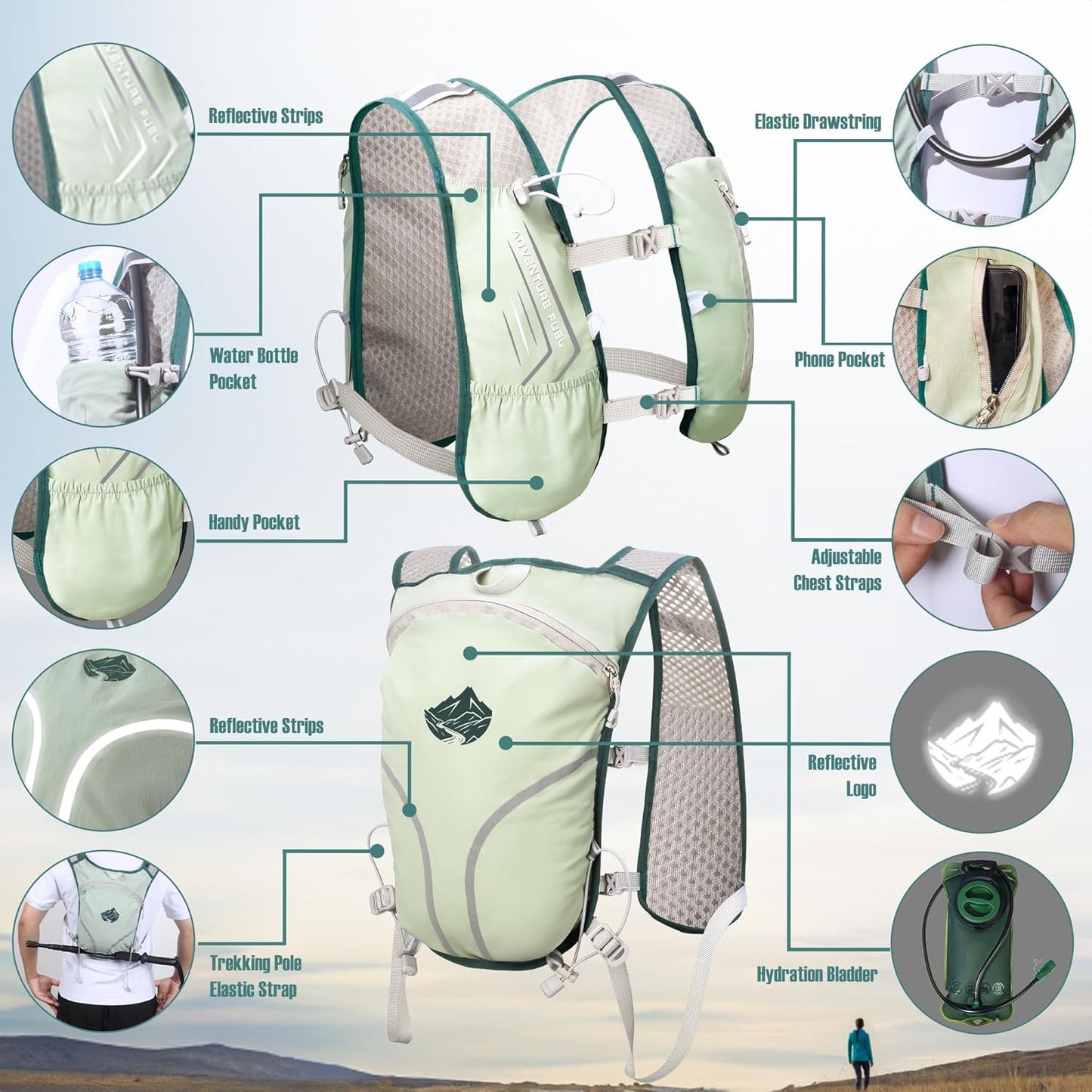 Lightweight Running Vest Hydration Backpack, Hydration Vest NO Water Bladders - Adjustable Chest Straps and Reflective Water Backpack Fit for Men Women Hiking Cycling Camping Festival Marathon