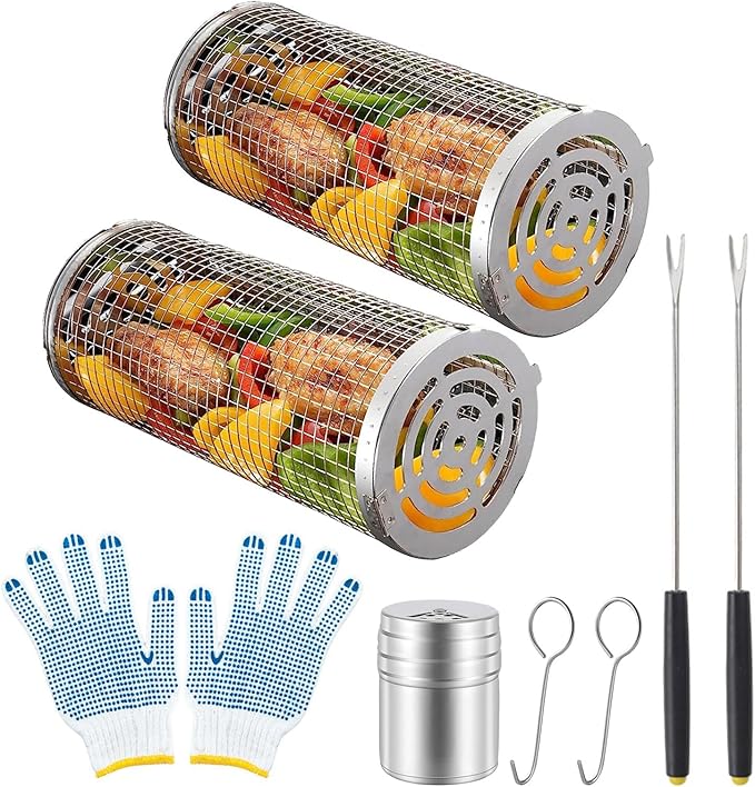 Grilling Basket 2 PCS,BBQ Grill Basket Stainless Steel Grill Mesh,Rolling Grilling Baskets For Outdoor Grilling Non-Stick Surface, Portable Grilling Basket for Fish and Vegetables (Small)
