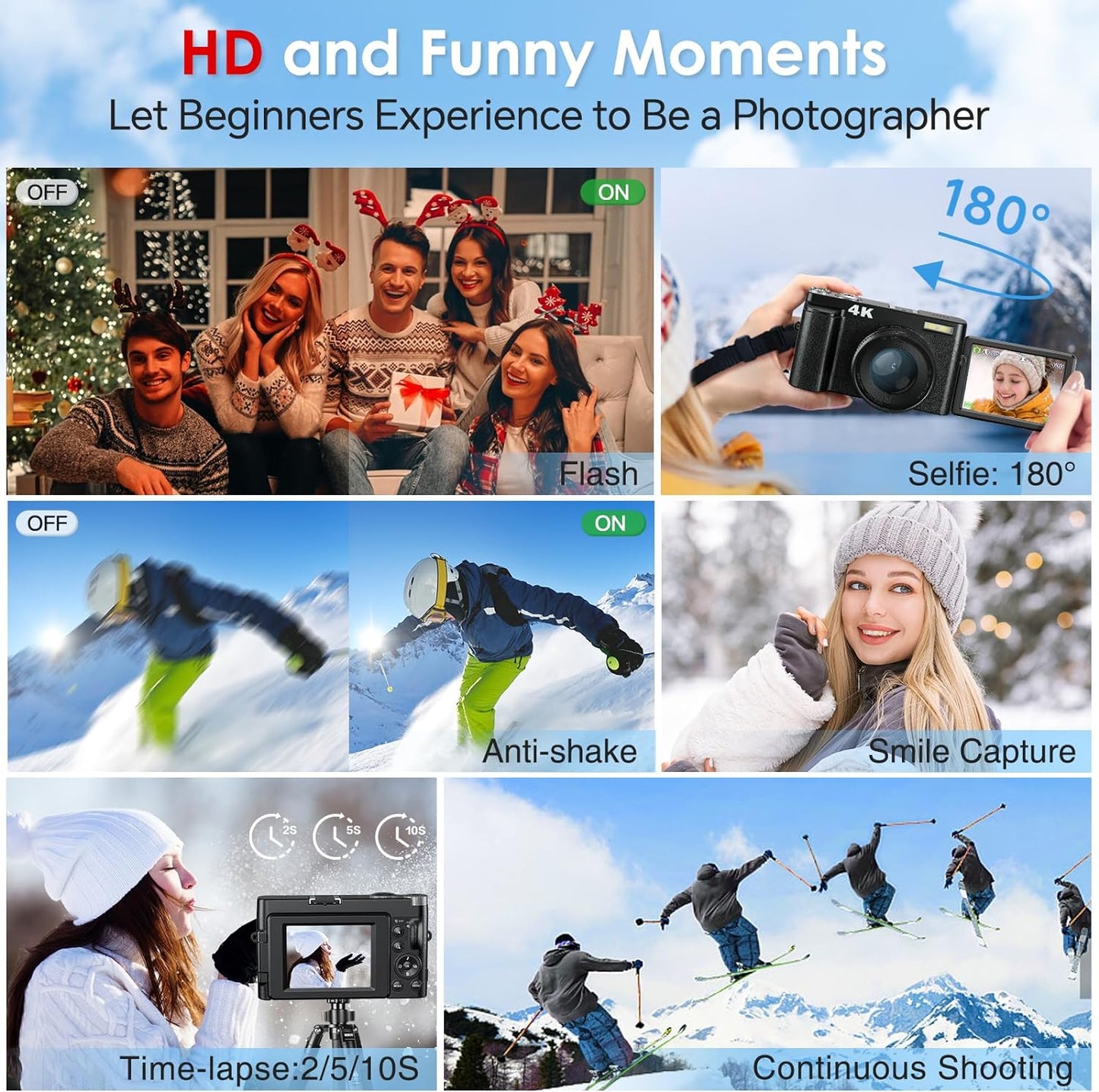 Newest 4K Digital Camera for Photography and Video, 48MP Vlogging Camera with SD Card Autofocus Anti-Shake, 3'' 180° Flip Screen 16X Zoom Digital Camera with Flash, Compact Digital Camera for Travel