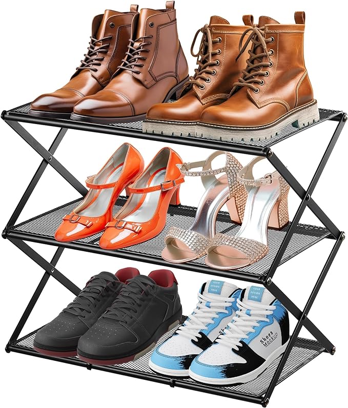 Small Shoe Rack for Entryway - 3 Tier Shoe Organizer Metal Foldable Shoes Storage Rack, Zero Tool Install, Sturdy Shoe Rack for Closet, Living Room - Space Saving, Black