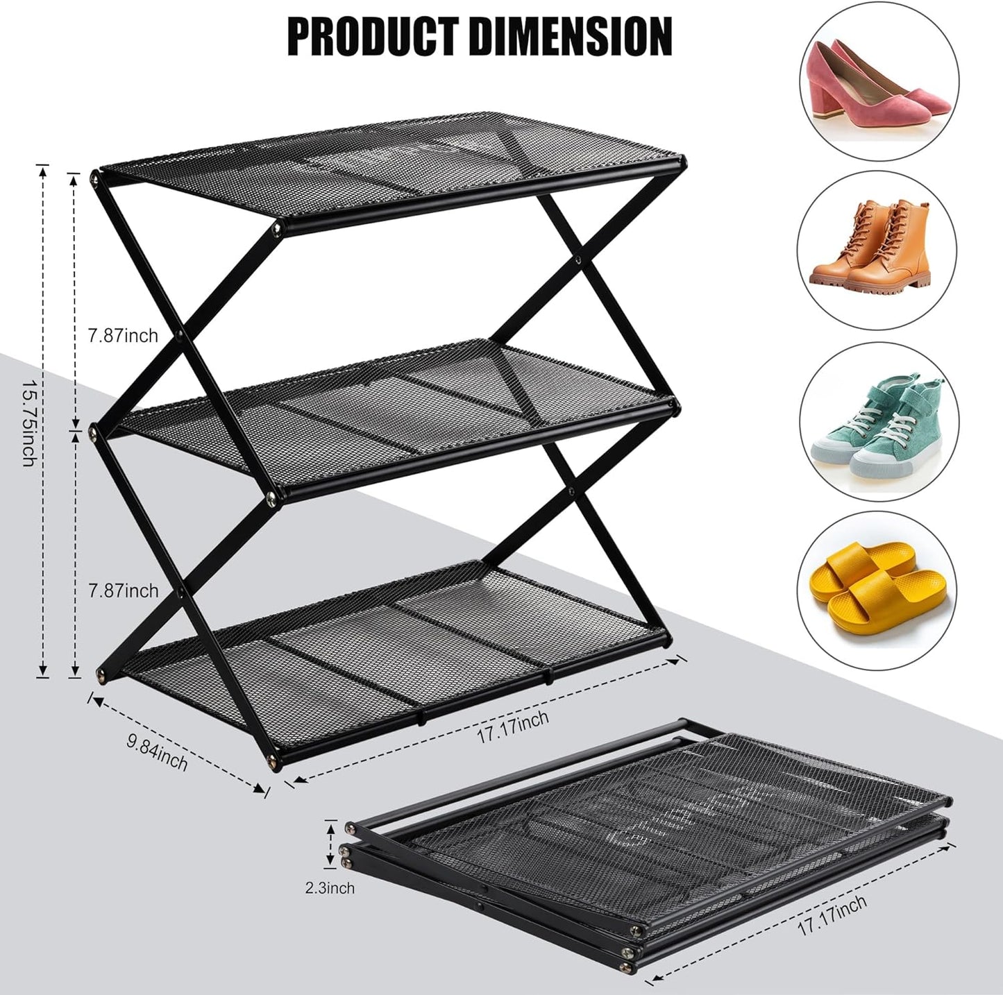 Small Shoe Rack for Entryway - 3 Tier Shoe Organizer Metal Foldable Shoes Storage Rack, Zero Tool Install, Sturdy Shoe Rack for Closet, Living Room - Space Saving, Black