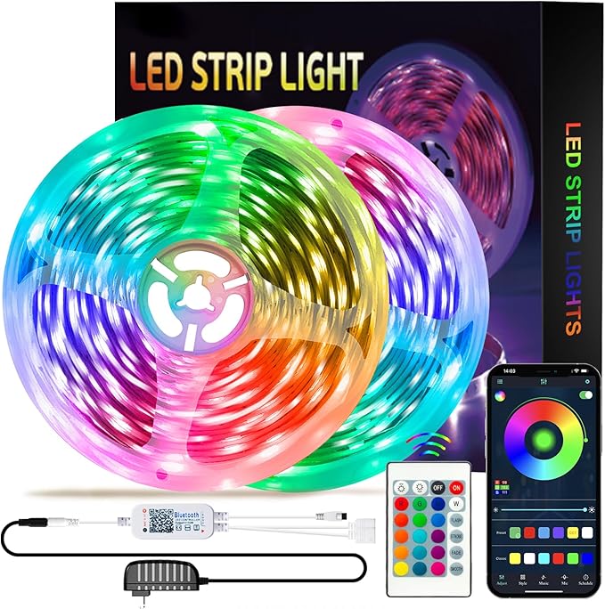 LED Strip Lights,2×50FT Smart RGB led Lights for Bedroom,with 24Key Remote and App Control,12V,Music Syncing,Adjust 16 Million Colors Led Light Strips,for Bedroom,Living,Gaming,Party,TV
