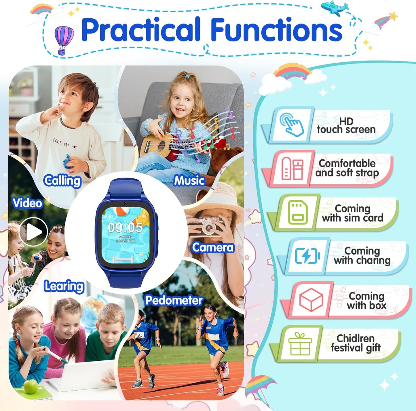 4G Kids Smart Watch Phone - Smart Cell Phone Watch for Boys Girls with Call SOS Games Alarm Camera Music Calculator School Mode Children Touch Screen Watches for Kids Birthday Ages 4-12 (Navy Blue)