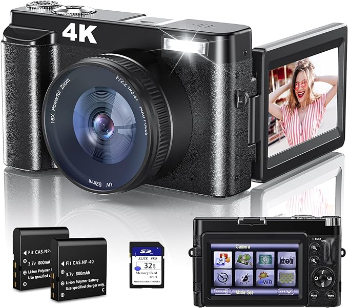Newest 4K Digital Camera for Photography and Video, 48MP Vlogging Camera with SD Card Autofocus Anti-Shake, 3'' 180° Flip Screen 16X Zoom Digital Camera with Flash, Compact Digital Camera for Travel