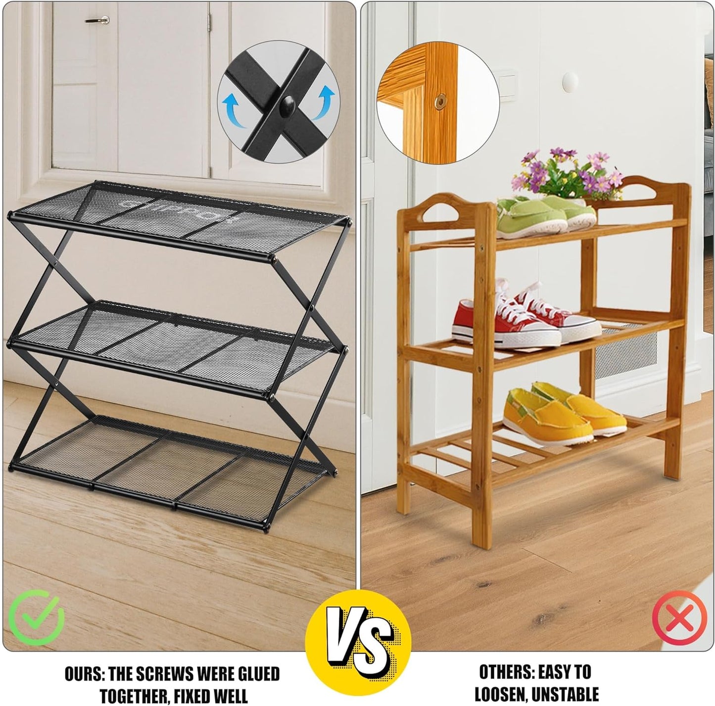 Small Shoe Rack for Entryway - 3 Tier Shoe Organizer Metal Foldable Shoes Storage Rack, Zero Tool Install, Sturdy Shoe Rack for Closet, Living Room - Space Saving, Black