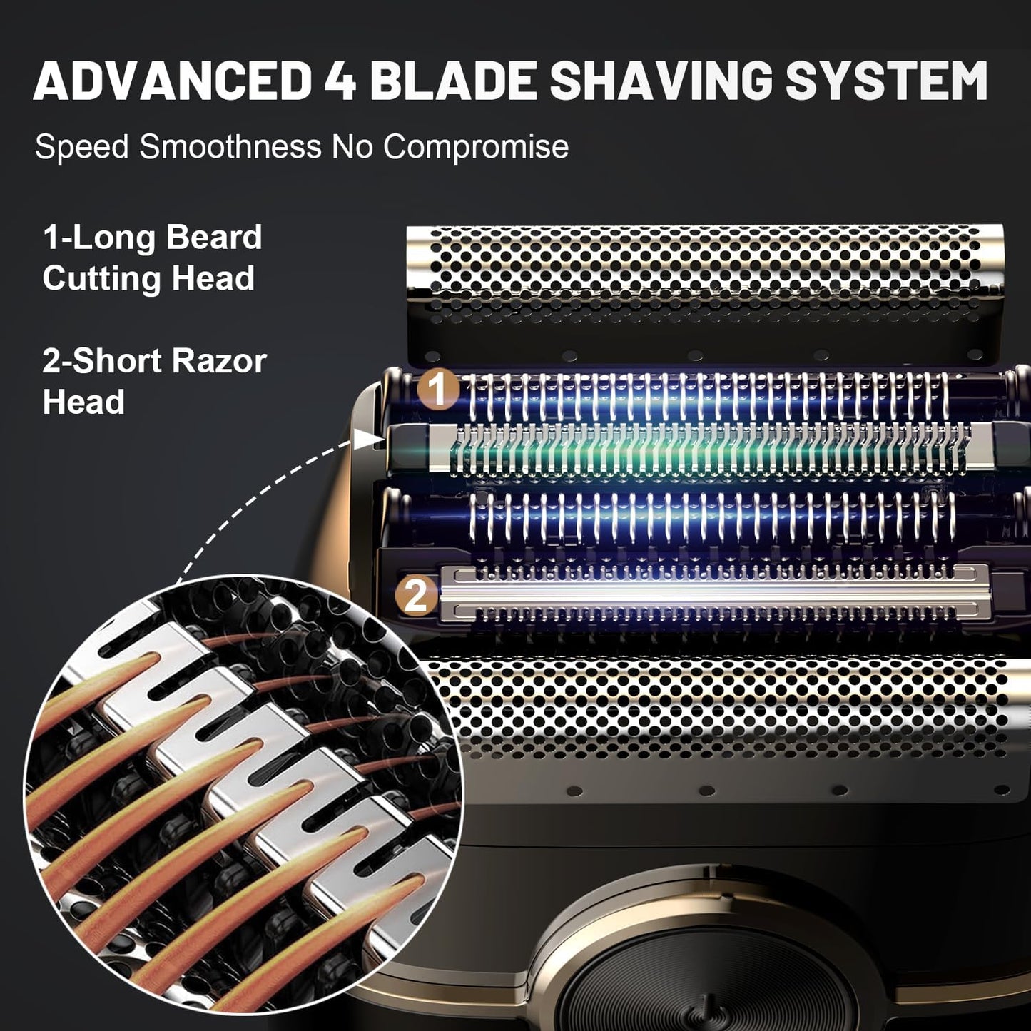 Electric Foil Shaver for Men: 4 Floating Blades, 2 Gear & IPX7 Waterproof - Rechargeable Cordless Razor for Face Shaving - Wet/Dry Travel Shaver with Large LED Display