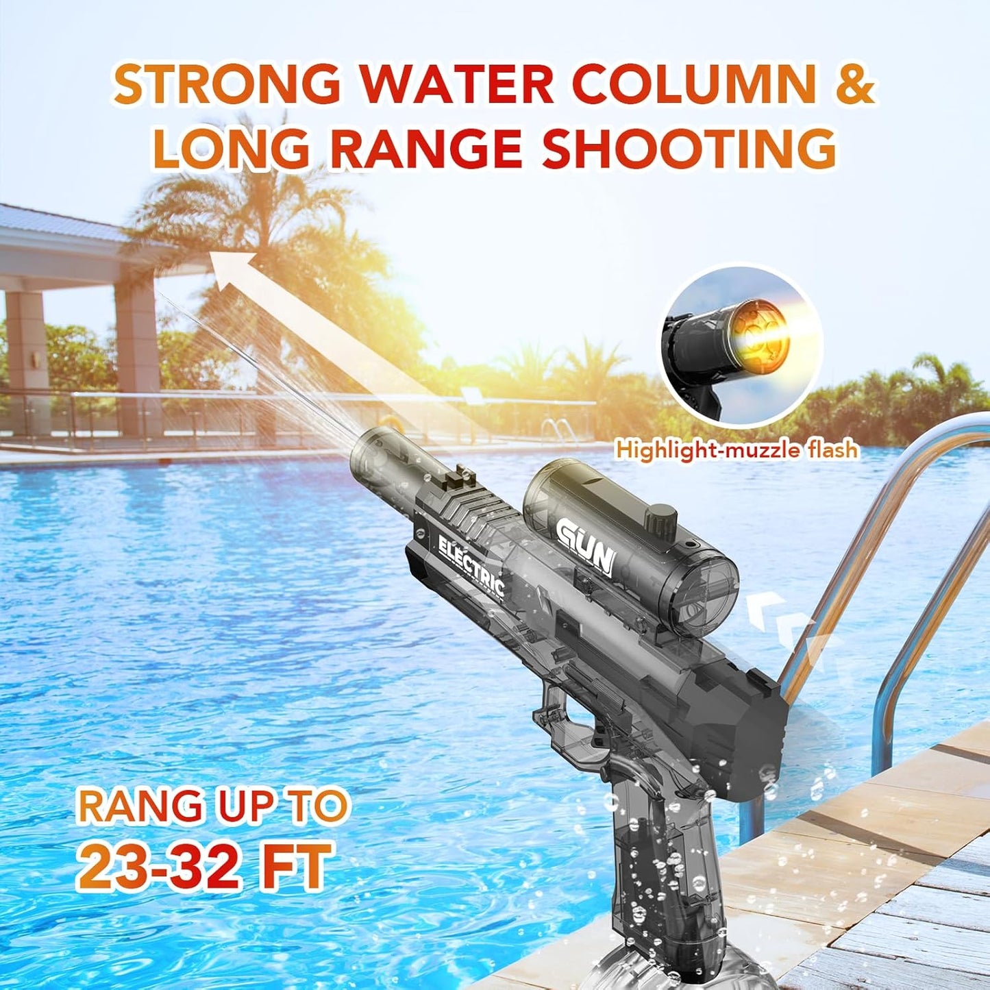 Electric Water Gun with Muzzle Light,Automatic Water Gun Blaster,Squirt Gun Range 23-32 FT,Outdoor Party Summer Water Shooting Game Toy with 2 Batteries,Ideal Watergun Easter Gift for Kids & Youths.