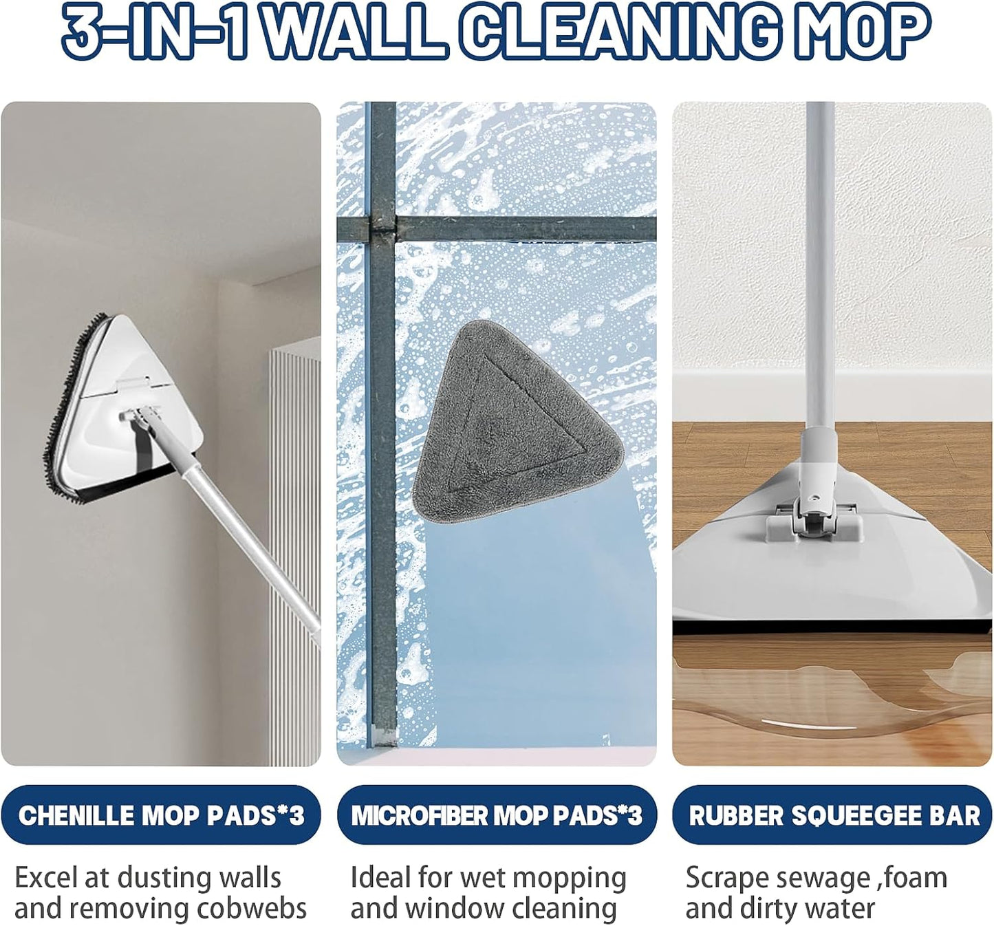 Wall Cleaner Mop with 82" Long Handle, 180° Foldable Base & 6 Replacement Pads - Perfect for Cleaning Painted Walls, Ceilings, Windows & Floors - Baseboard Cleaning Tool with Squeegee