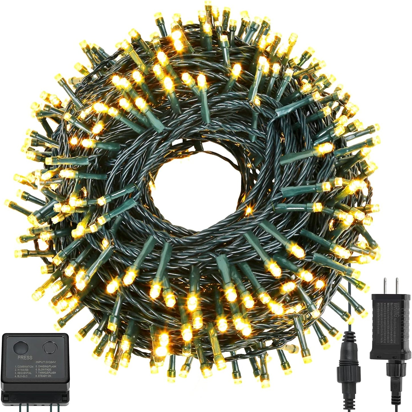 Waterproof 300 LED Outdoor String Lights, 115Ft with End-to-End Plug, for Christmas Trees, Patios, Weddings, Parties (Warm White)