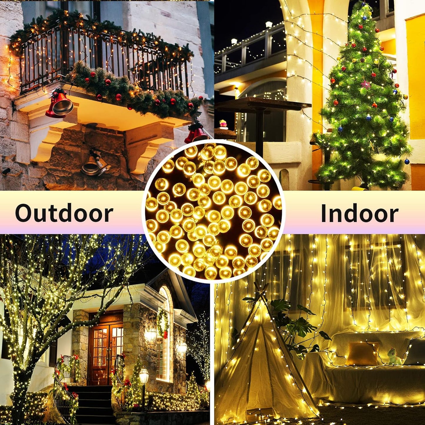 Waterproof 300 LED Outdoor String Lights, 115Ft with End-to-End Plug, for Christmas Trees, Patios, Weddings, Parties (Warm White)