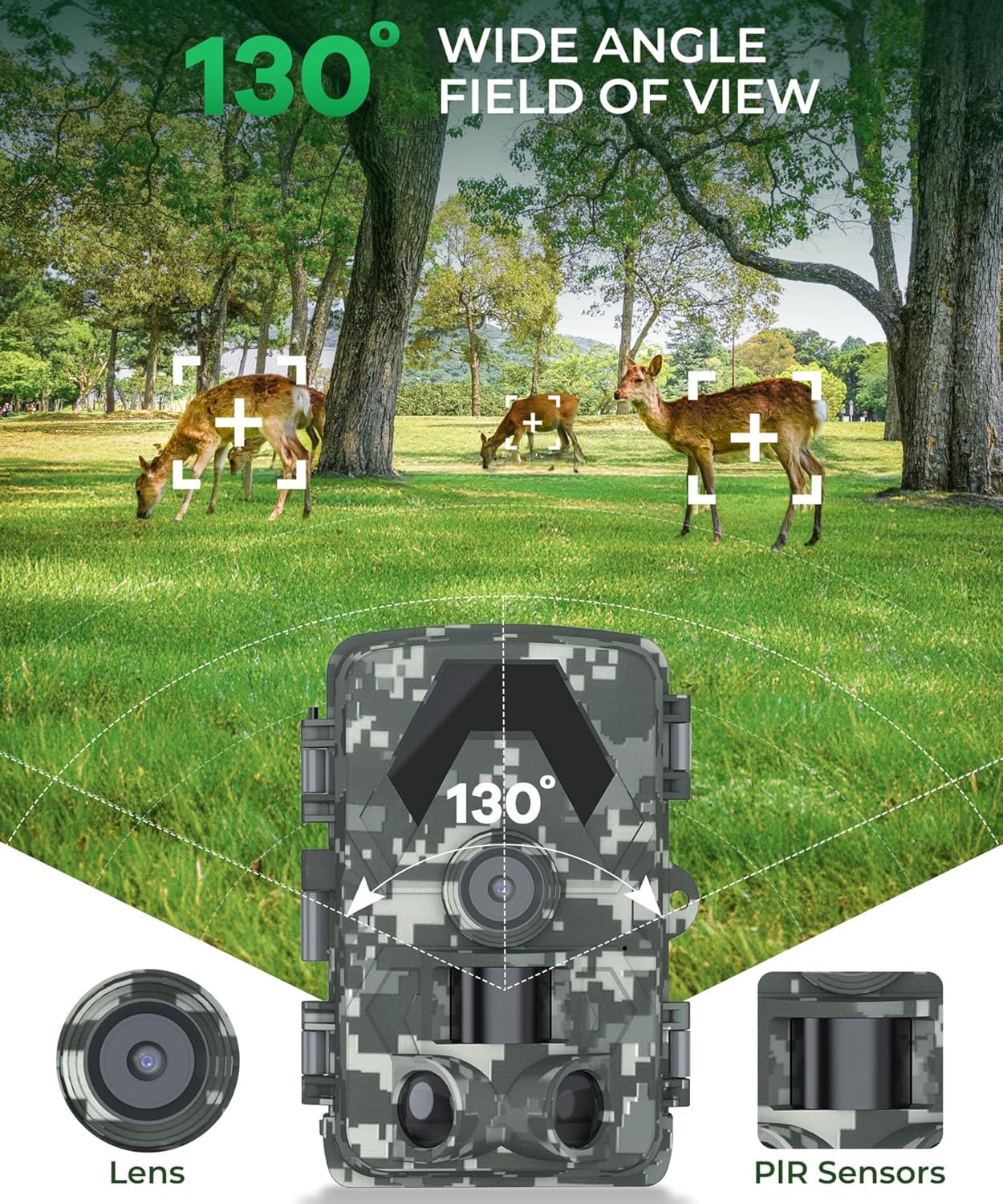 Trail Camera - 5K 60MP Game Camera with 130°Wide-Angle, 0.05s Trigger Motion Activated, IP66 Waterproof Night Vision with No Glow Infrared LEDs for Wildlife Hunting Camera.