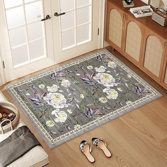 Modern Floral Area Rug - 2x3 Entryway Rug Non-Slip Small Rug, Low-Pile Washable Indoor Door Mat Floor Carpet for Entrance Bedroom Kitchen Bathroom-Grey