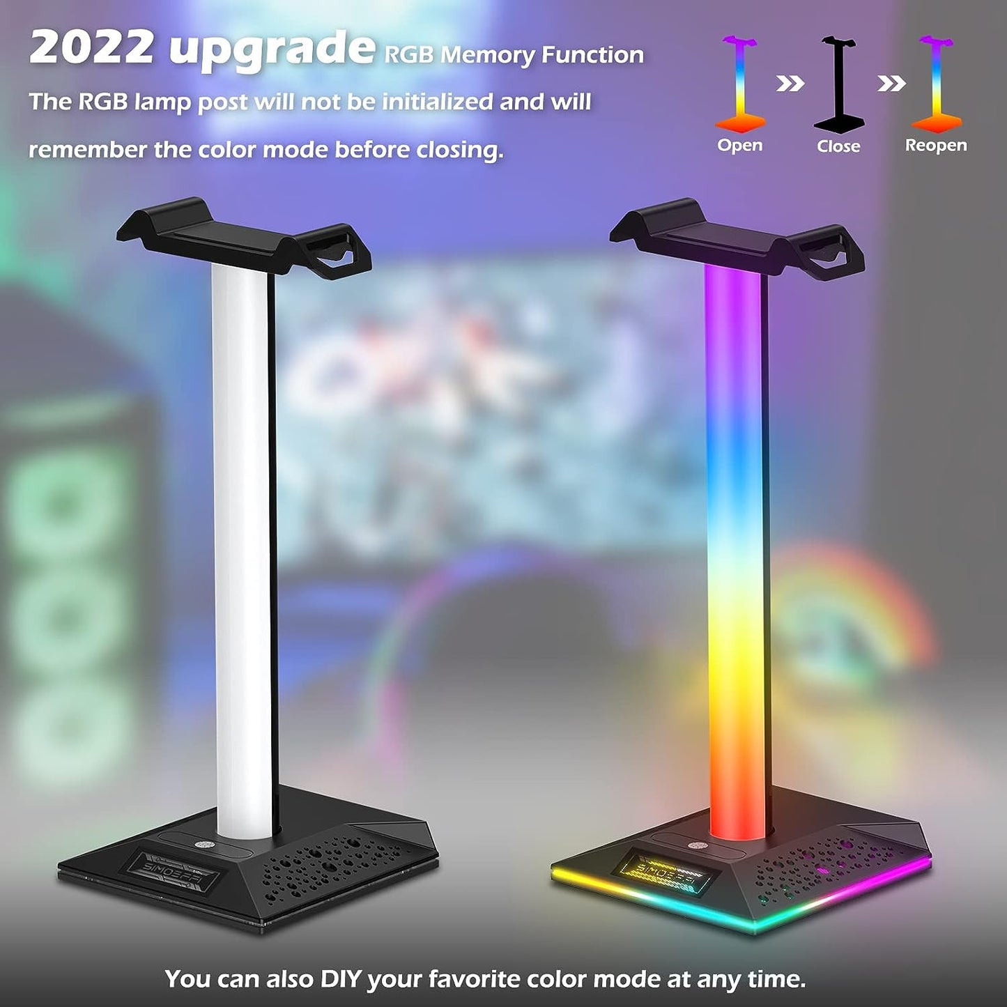 Upgraded RGB Gaming Headphones Stand, Headset Stand with 3.5mm AUX and 2 USB Charging Ports, Headphone Holder with 10 Light Modes and Memory Feature for Gamers PC Earphone Accessories Desk