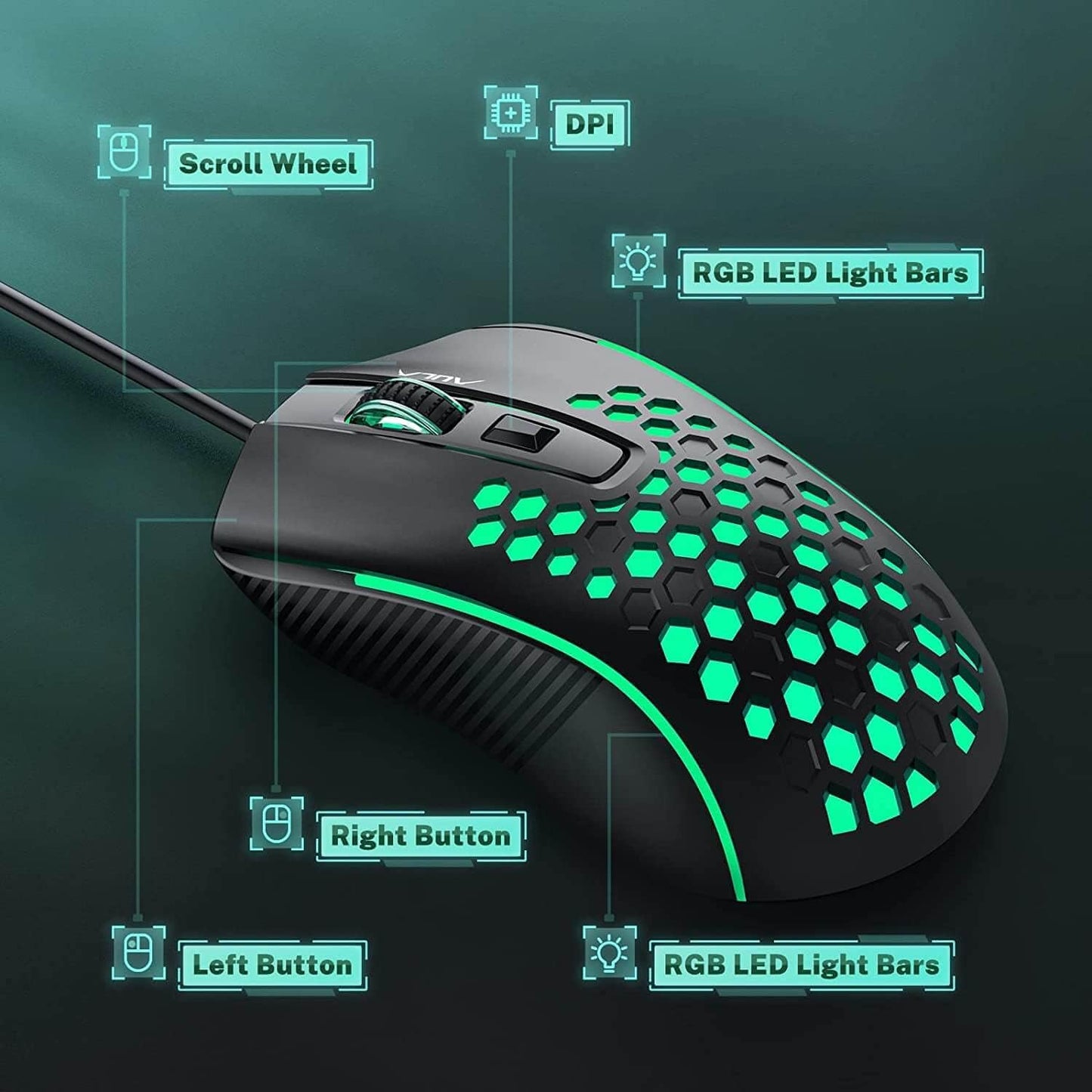 Gaming Mouse Wired, Ultra-Lightweight Honeycomb Computer Mice with RGB Backlit, 3600 Adjustable DPI USB Computer Mouse for Windows PC & Laptop Gamers