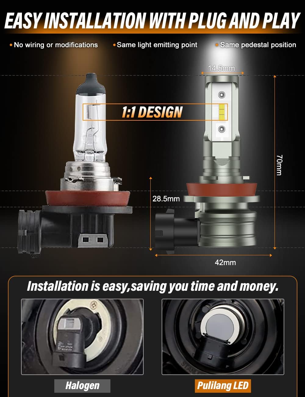 Pulilang H11/H8/H9 LED headlight Bulbs, 400% Brightness 6500K Cool White Headlight LED Restoration Kit IP67 Waterproof, Halogen Upgrade Replacement, Hi/Lo Beam Fog Light LED Bulbs Combo, Pack of 2