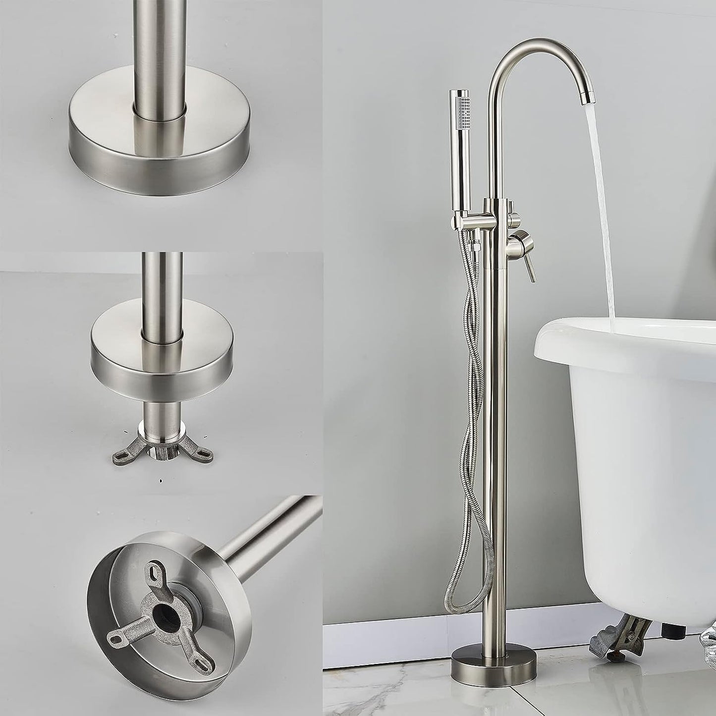 Freestanding Tub Fillers Brushed Nickel Floor Mounted Bathtub Faucets With Handheld Shower 360 Swivel Standing Spout High Flow Bathroom Metal Shower