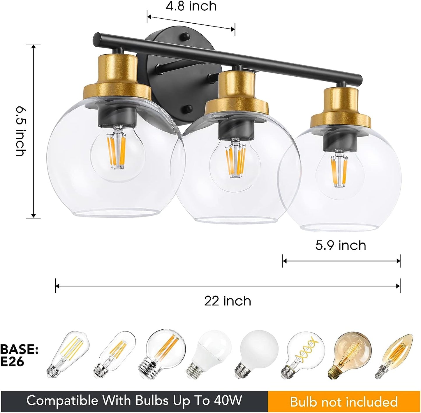Pasearo Bathroom Light Fixtures, 3-Light Bathroom Vanity Light with Clear Globe Glass Shade, Black Gold Modern Wall Sconces Lighting Over Mirror,22 inch Vintage Light Exclude Bulb for Bedroom Hallway