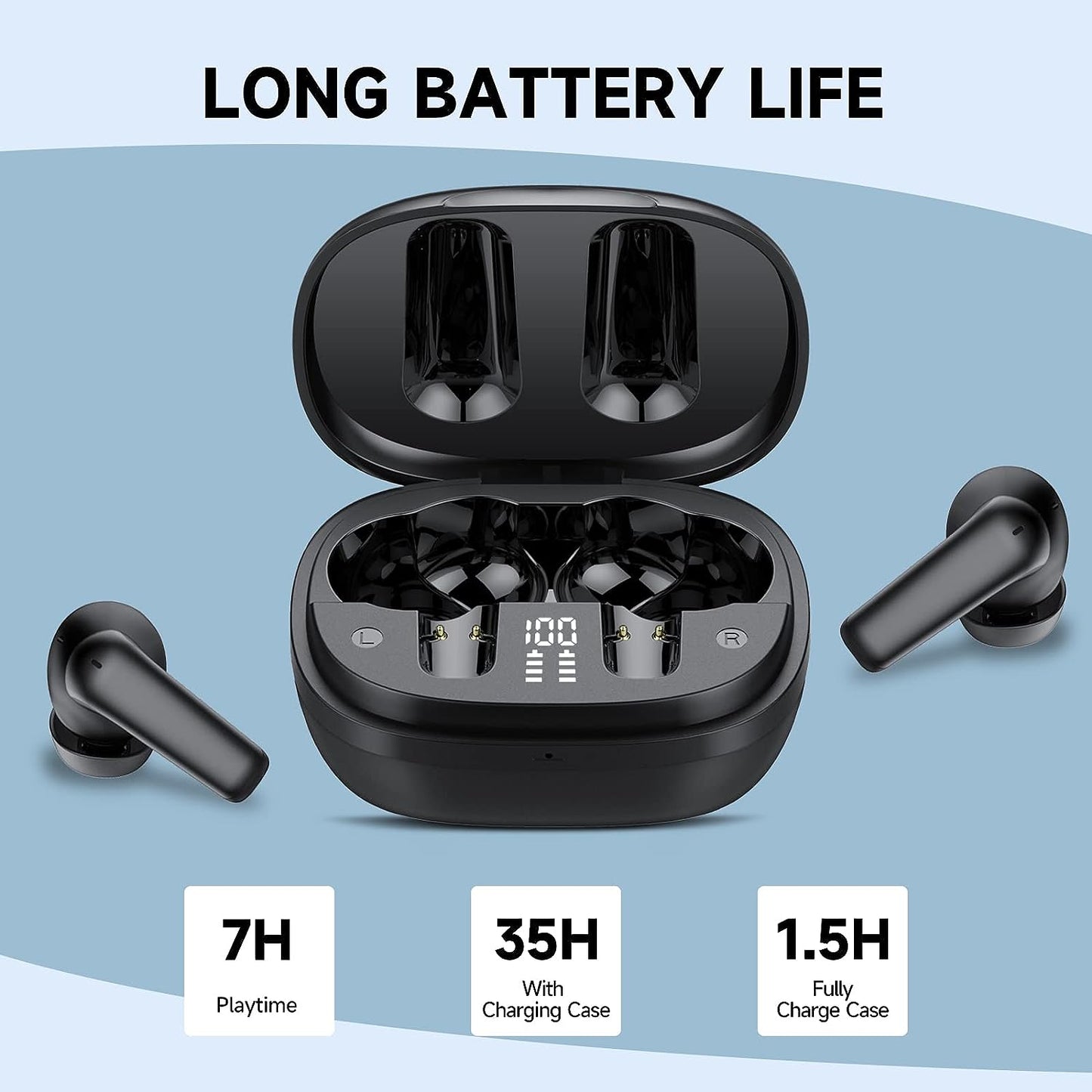 Wireless Earbuds Bluetooth 5.3 Headphones, 35H Playback LED Power Display Earphones with USB-C, IPX5 Waterproof in-Ear Earbuds with Microphone for Android Computer Laptop Sport