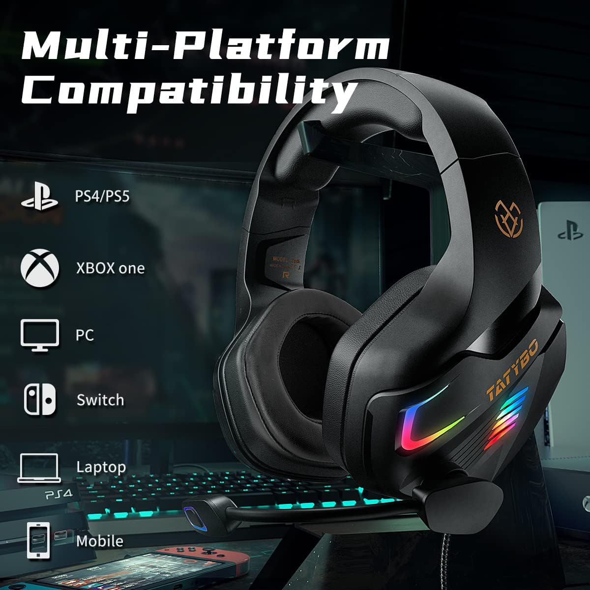 Tatybo Gaming Headset for PC PS4 PS5 Xbox One Switch with Mic, PS4 Headset with Super Big Earmuffs & 4 Modes RGB Light