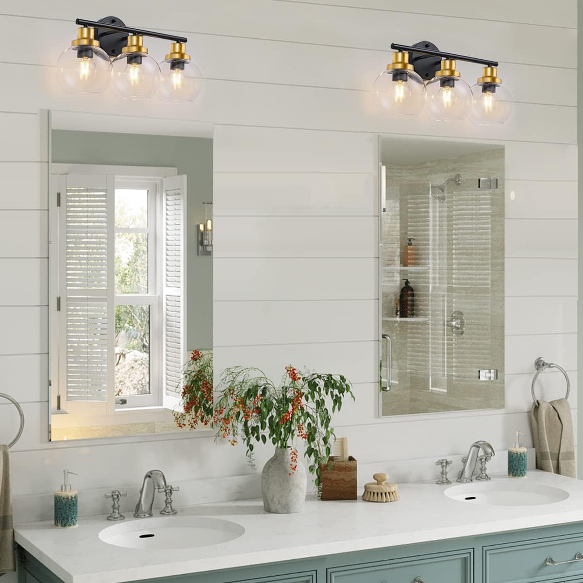 Pasearo Bathroom Light Fixtures, 3-Light Bathroom Vanity Light with Clear Globe Glass Shade, Black Gold Modern Wall Sconces Lighting Over Mirror,22 inch Vintage Light Exclude Bulb for Bedroom Hallway