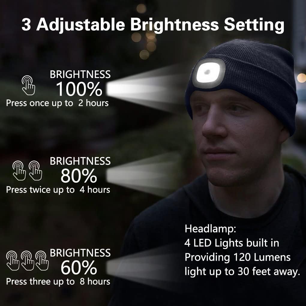 SOCTKE LED Beanie Hat with Light,USB Rechargeable 4 LED Headlamp Hat,Gifts for Men Winter Warm Knitted Caps,Used for Outside