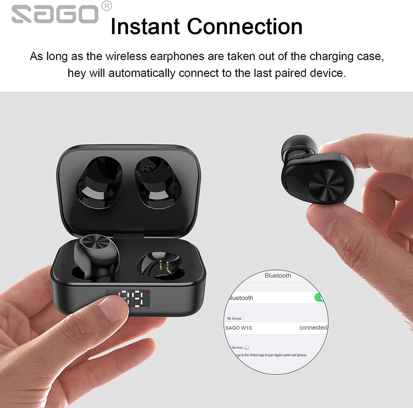 Bluetooth-Wireless-Earbuds W1S True Wireless Earphones with Digital LED Display Charging Case, IPX7 Waterproof, USB C Charging, Stereo Headphones in-Ear Headset,Built-in Mic(Black)