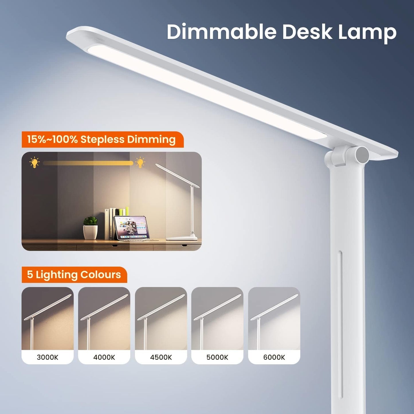 LED Desk Lamp Foldable, 5 Lighting Colors and 100%~15% Brightness Levels Office Lamp, Touch Control and USB Powered Reading Lamp, Eye-Caring Table Lamp for Read,Work,Study,Sew,Makeup,Manicurist